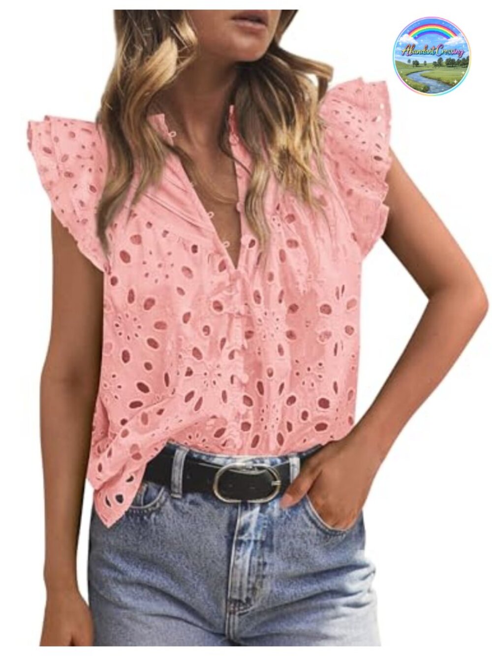 Womens Eyelet V Neck Top Button Down Flutter Sleeve Blouse